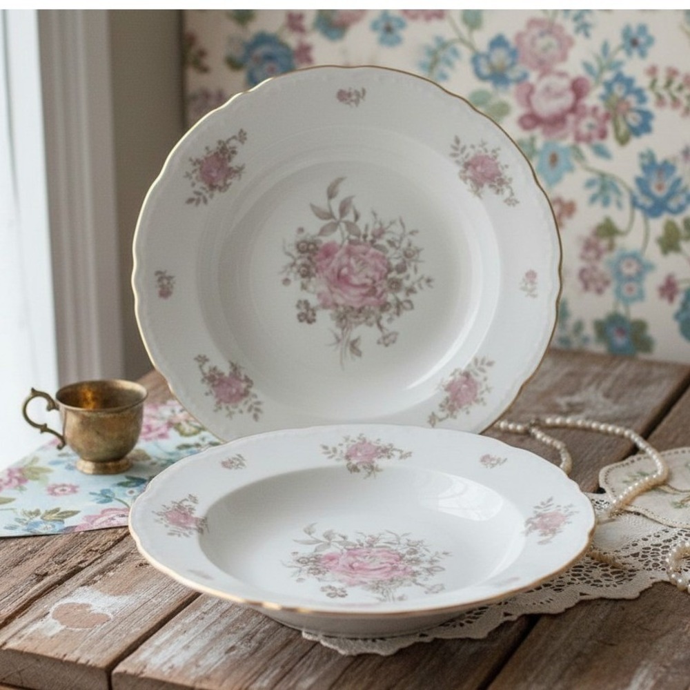 Fine Bohemian China 2 Soup Bowls MARIA Czechoslovakia Pink Gray Floral